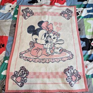 Vintage Disney Minnie Mouse Baby Fleece Blanket 37" L x 26.5" W, Pink/White